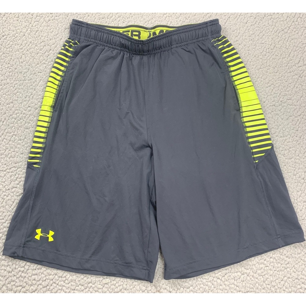 Under Armour Shorts Mens Medium Grey Neon Yellow HeatGear Loose Fit Athletic